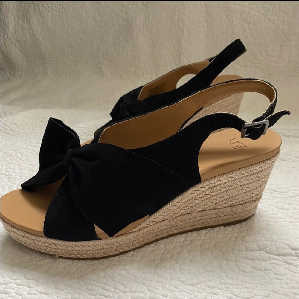 UGG Black Suede Bow Front Wedge Heels
